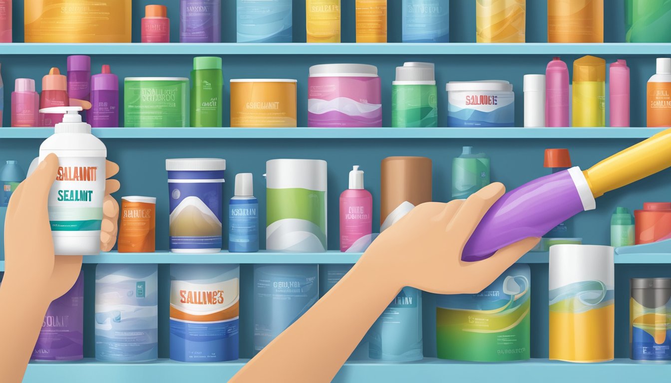 A hand reaches for a tube of silicone sealant on a shelf, surrounded by various other sealant products