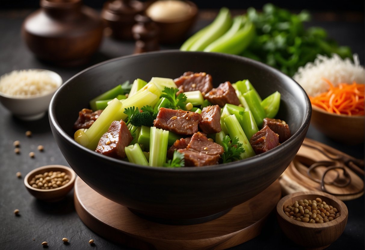 A bowl of stir-fried celery and meat, surrounded by various Chinese cooking ingredients and utensils
