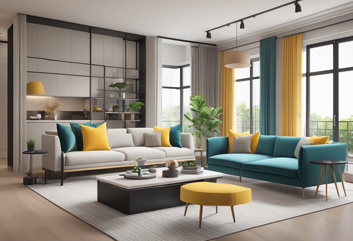 A modern living room in Singapore with sleek furniture, clean lines, and a pop of vibrant color against a backdrop of neutral tones