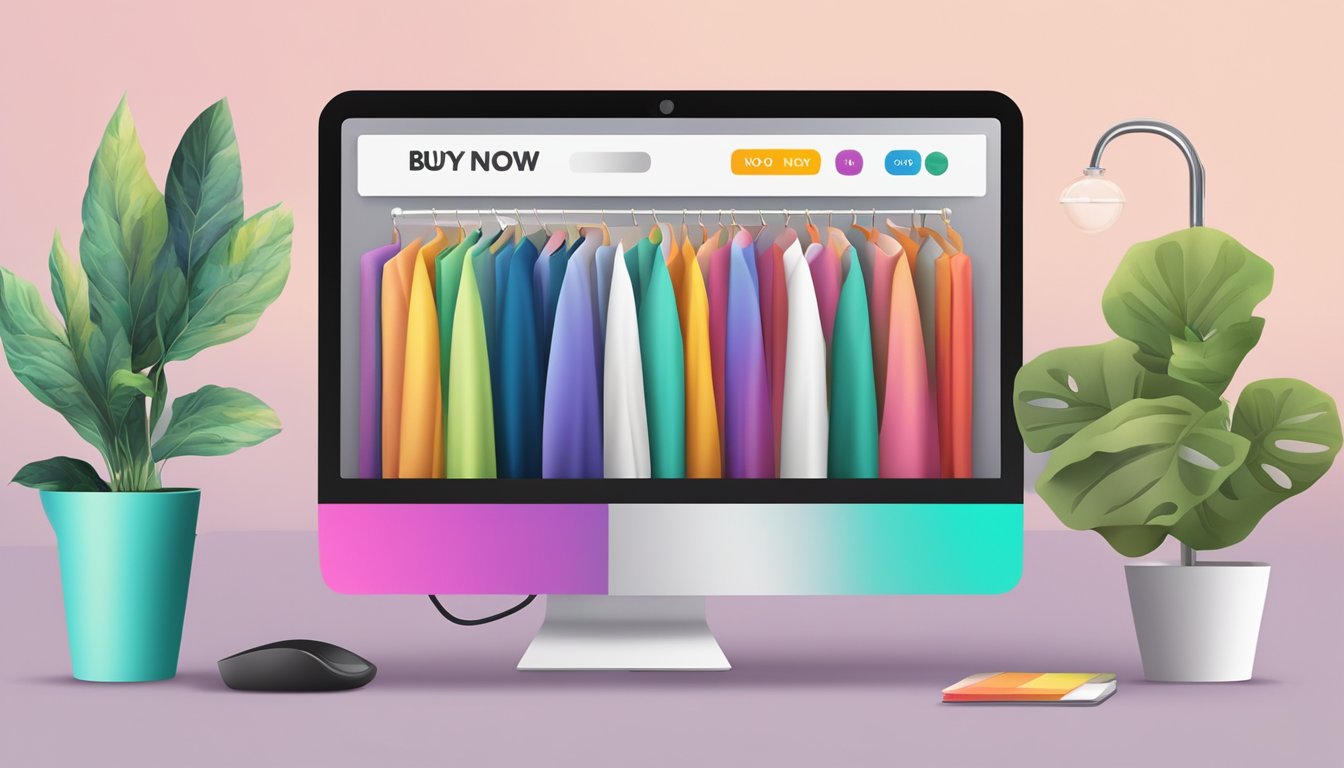 A computer screen showing a variety of colorful fabric options with discounted prices and a "buy now" button