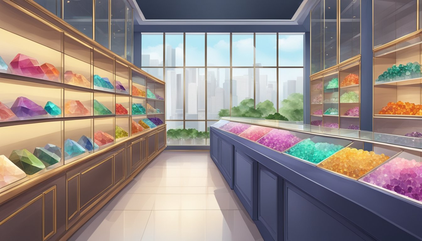 A gemstone shop in Singapore with a variety of birthstones on display. Brightly lit and neatly organized shelves showcase the different colored stones