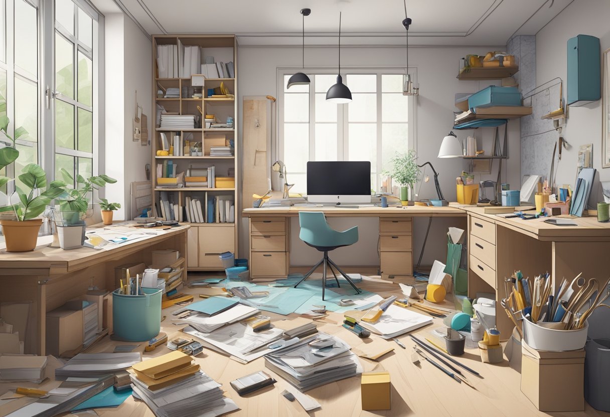 A cluttered room with tools and materials scattered about as a designer measures and plans a renovation in Singapore