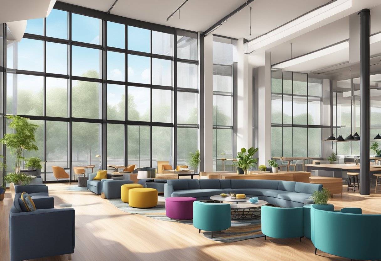 A modern commercial space with sleek furniture, vibrant accent colors, and ample natural light streaming in through large windows