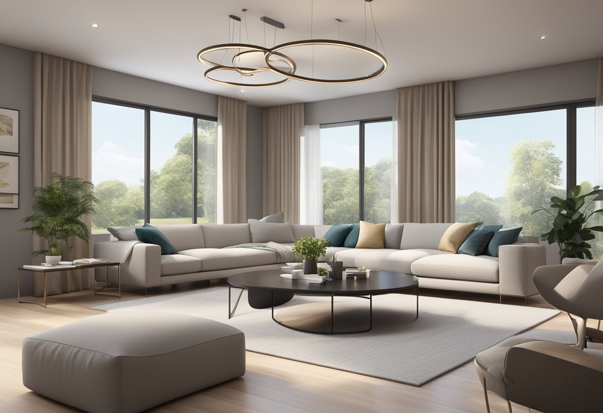 A modern, minimalist living room with sleek furniture and neutral colors. Large windows let in natural light, and strategic lighting fixtures add warmth