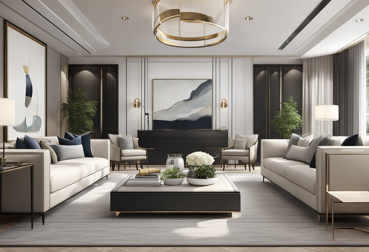 A sleek, modern living room with clean lines, luxurious furnishings, and tasteful decor. The space exudes sophistication and elegance, with attention to detail evident in every aspect of the design