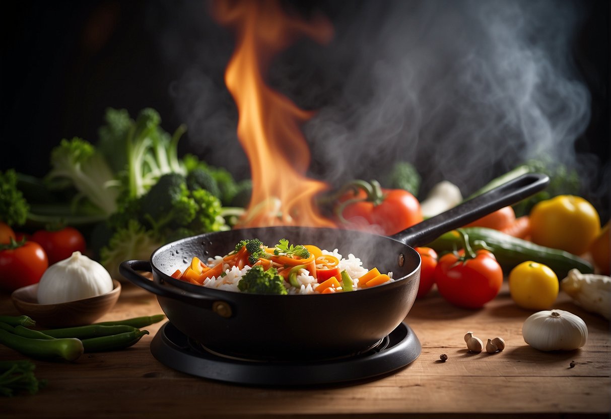 A wok sizzles over a flame, steam rises from a pot of rice, while a variety of fresh vegetables and spices are laid out on a wooden cutting board