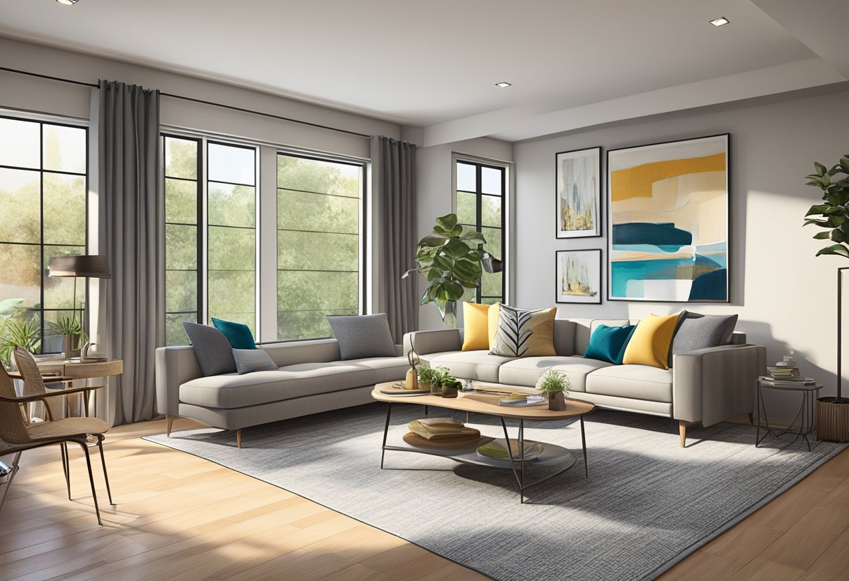 A modern living room with sleek furniture, vibrant accent colors, and unique wall art. Natural light floods in through large windows, creating a welcoming and stylish space