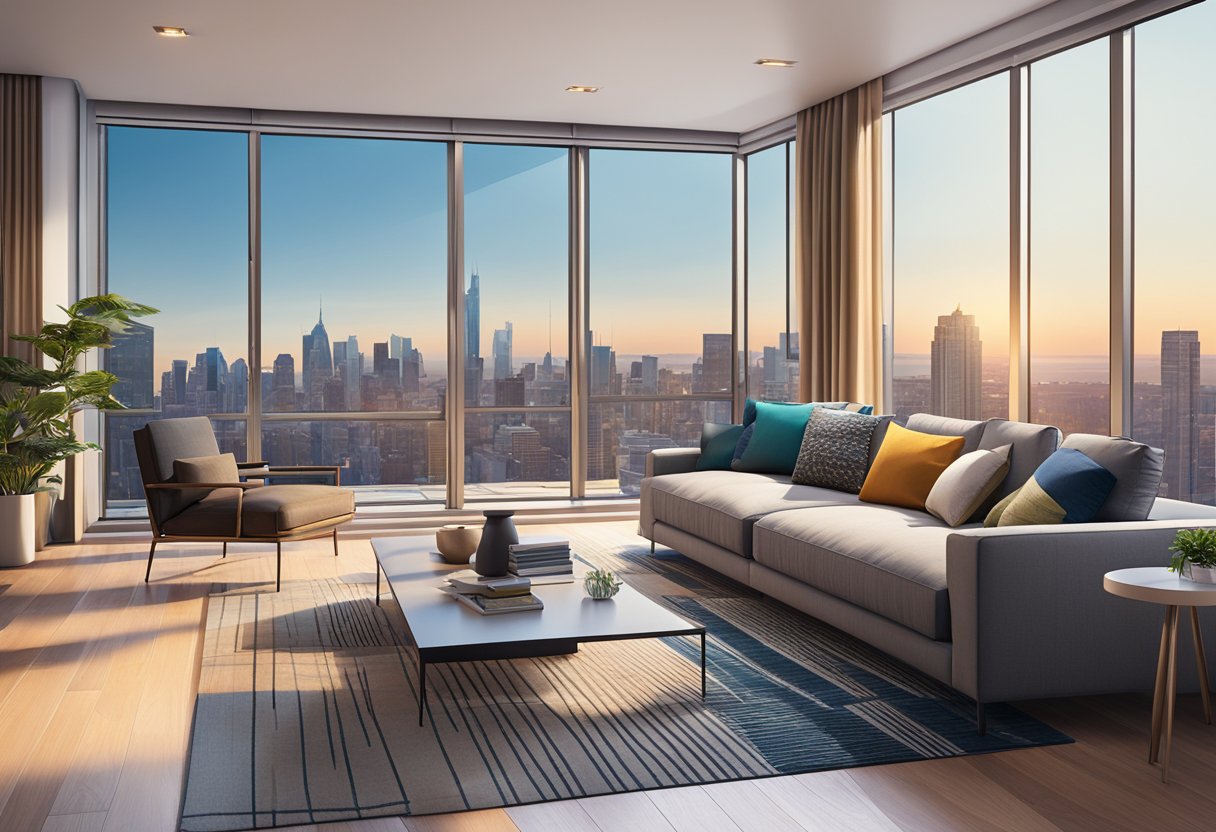 A modern living room with sleek furniture, vibrant accent colors, and large windows overlooking a city skyline