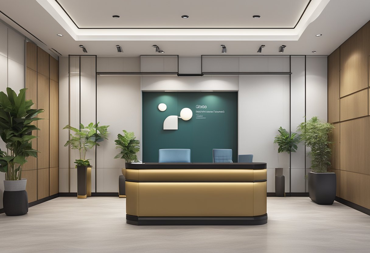 An elegant, modern office space with a sleek reception desk and comfortable seating area. A wall display showcases a variety of design samples and a large screen displays frequently asked questions about interior design services in Singapore