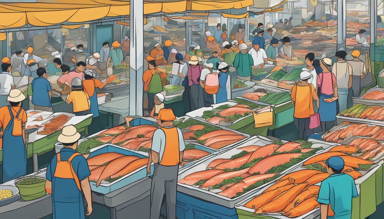 A bustling fish market in Singapore, with colorful stalls displaying fresh wild-caught salmon. Customers browse the selection, while vendors call out their prices