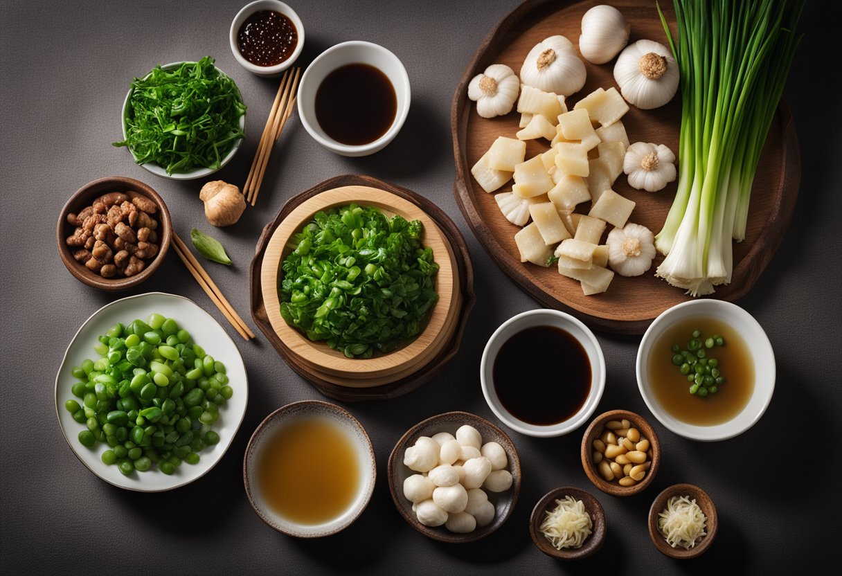 A table set with traditional Chinese ingredients: soy sauce, ginger, garlic, green onions, and various vegetables and meats