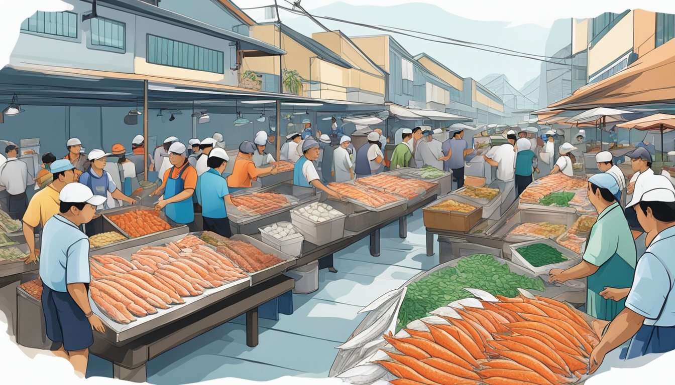 A bustling fish market in Singapore showcases a variety of fresh wild-caught salmon displayed on ice beds, with vendors eagerly promoting their high-quality seafood