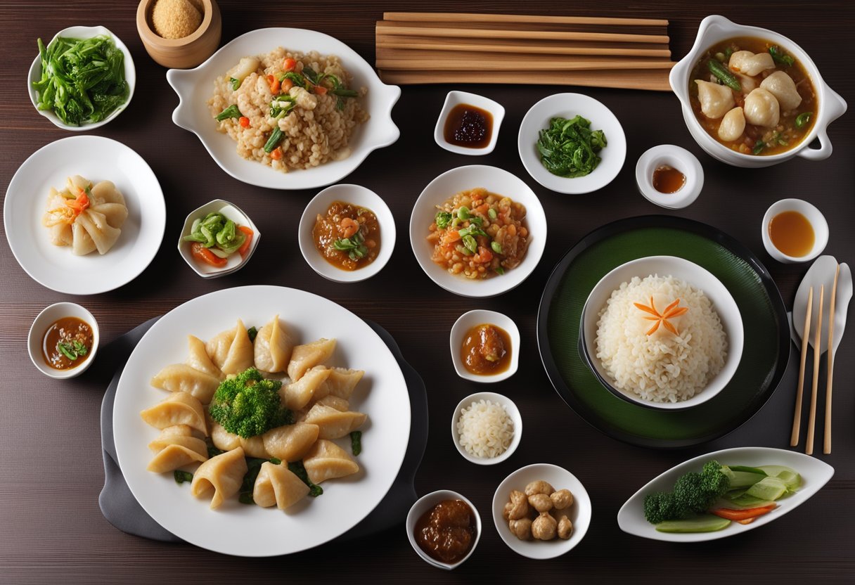 A table set with a variety of popular Chinese dishes, including dumplings, stir-fried vegetables, fried rice, and steamed fish