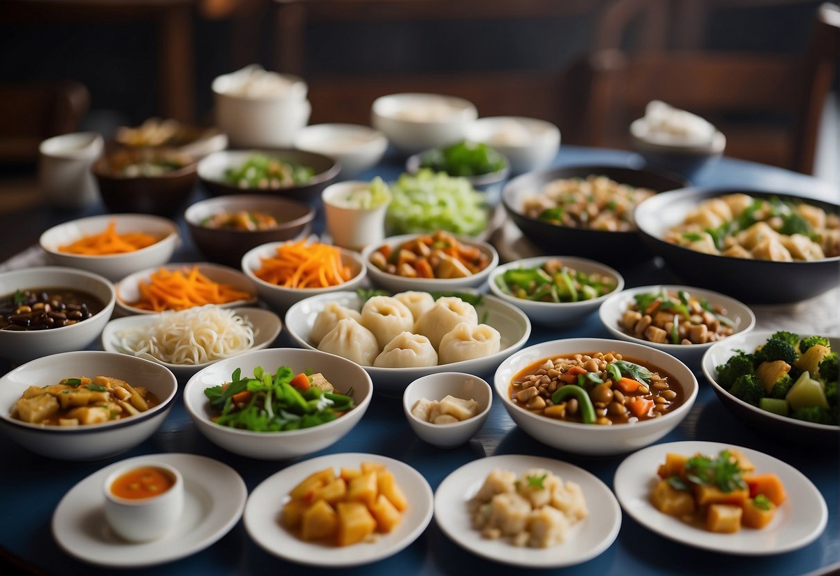 A table filled with colorful and aromatic vegetarian and vegan Chinese dishes, including stir-fried vegetables, tofu dishes, and steamed dumplings