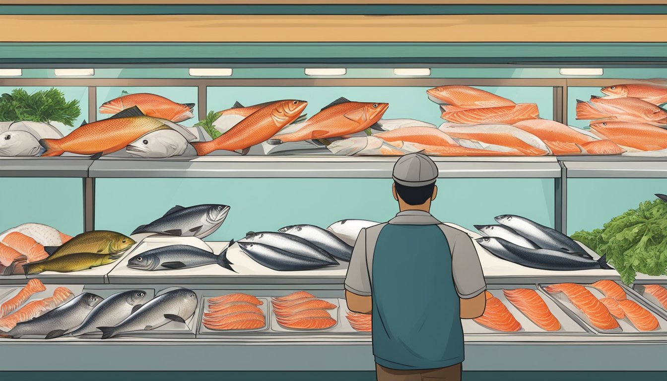 A customer examines a display of wild caught salmon at a fish market in Singapore, comparing prices and quality before making a purchase