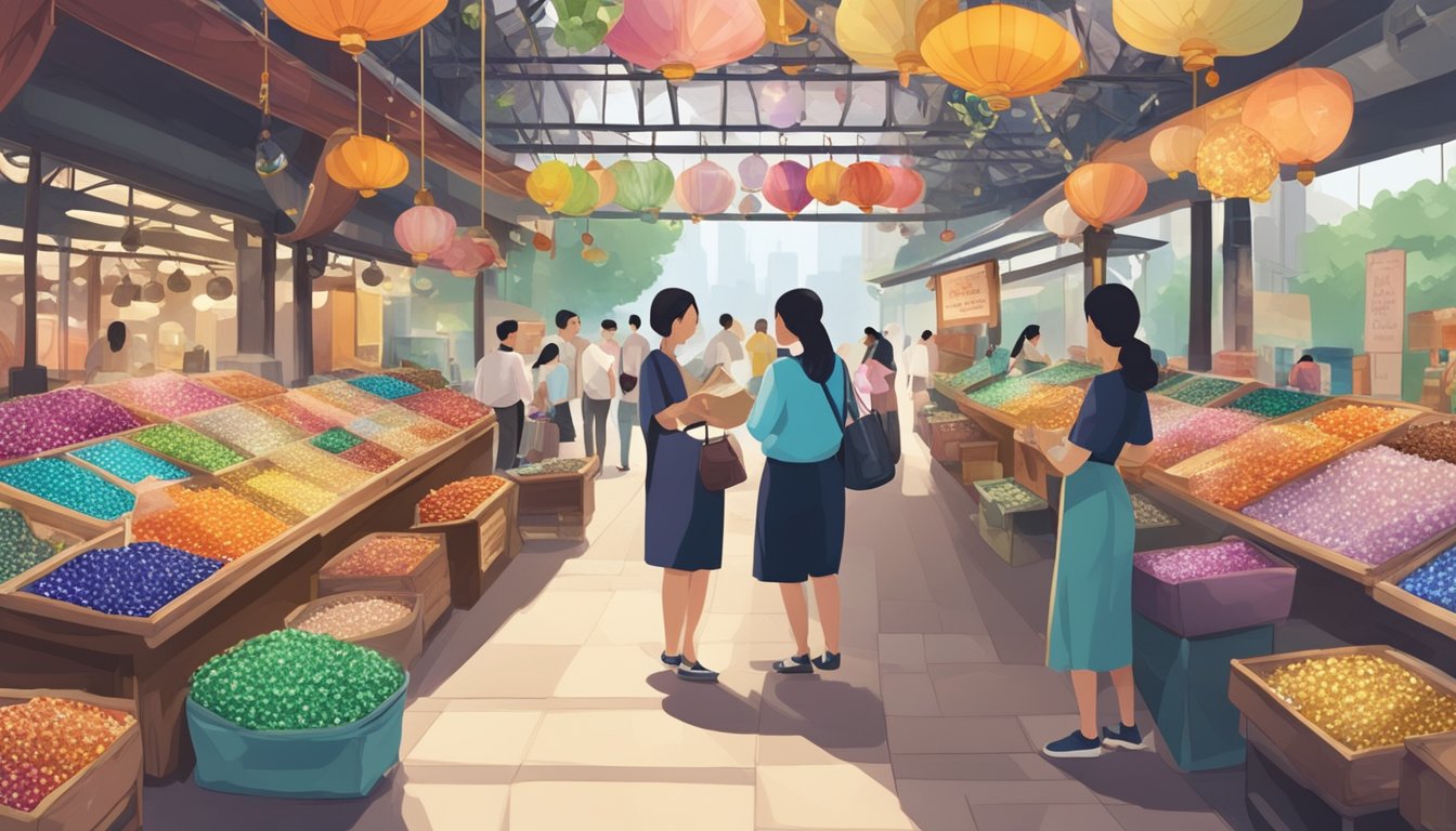 A bustling Singapore market stall displays colorful birthstones with a sign reading "Frequently Asked Questions: Where to buy birthstones in Singapore."