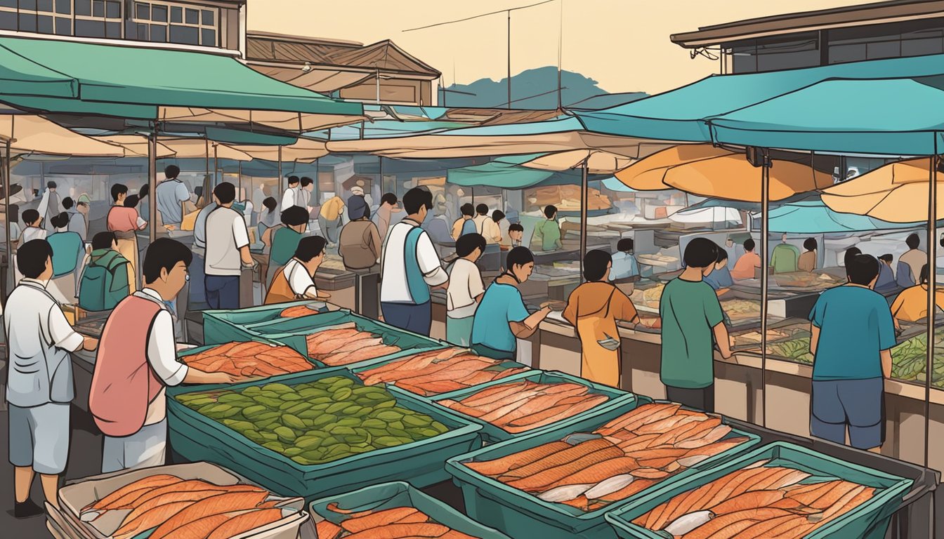 A bustling fish market in Singapore, with colorful stalls and vendors selling fresh wild-caught salmon. Customers inquire about the quality and prices, creating a lively atmosphere