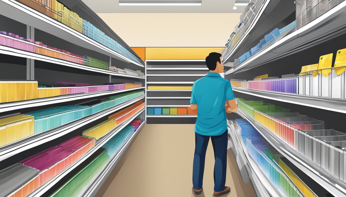 A customer browsing through a variety of curtain rails in a hardware store in Singapore, with colorful and stylish options displayed on shelves