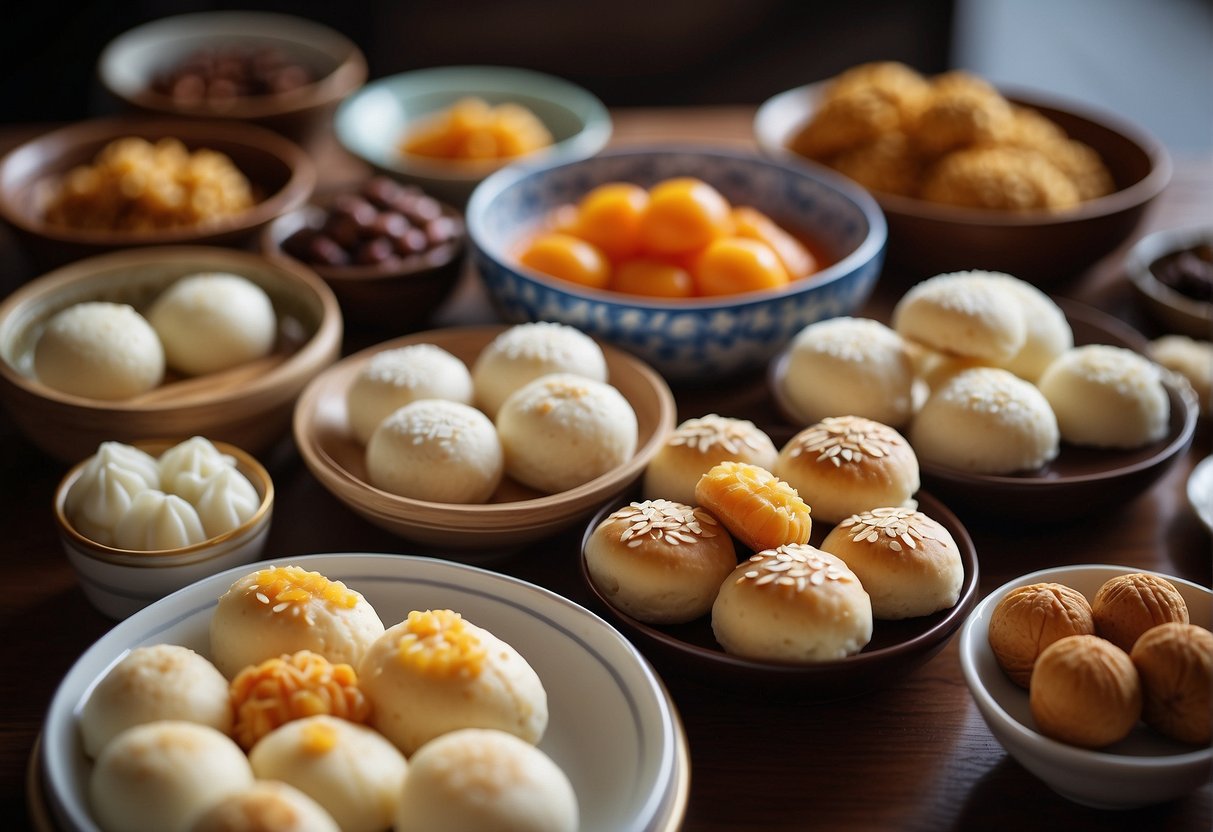 A table filled with colorful Chinese desserts and sides, including steamed buns, sesame balls, and almond cookies