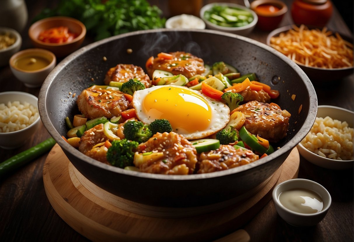 A sizzling hot wok filled with golden brown egg foo yung patties, surrounded by colorful stir-fried vegetables and aromatic sauces