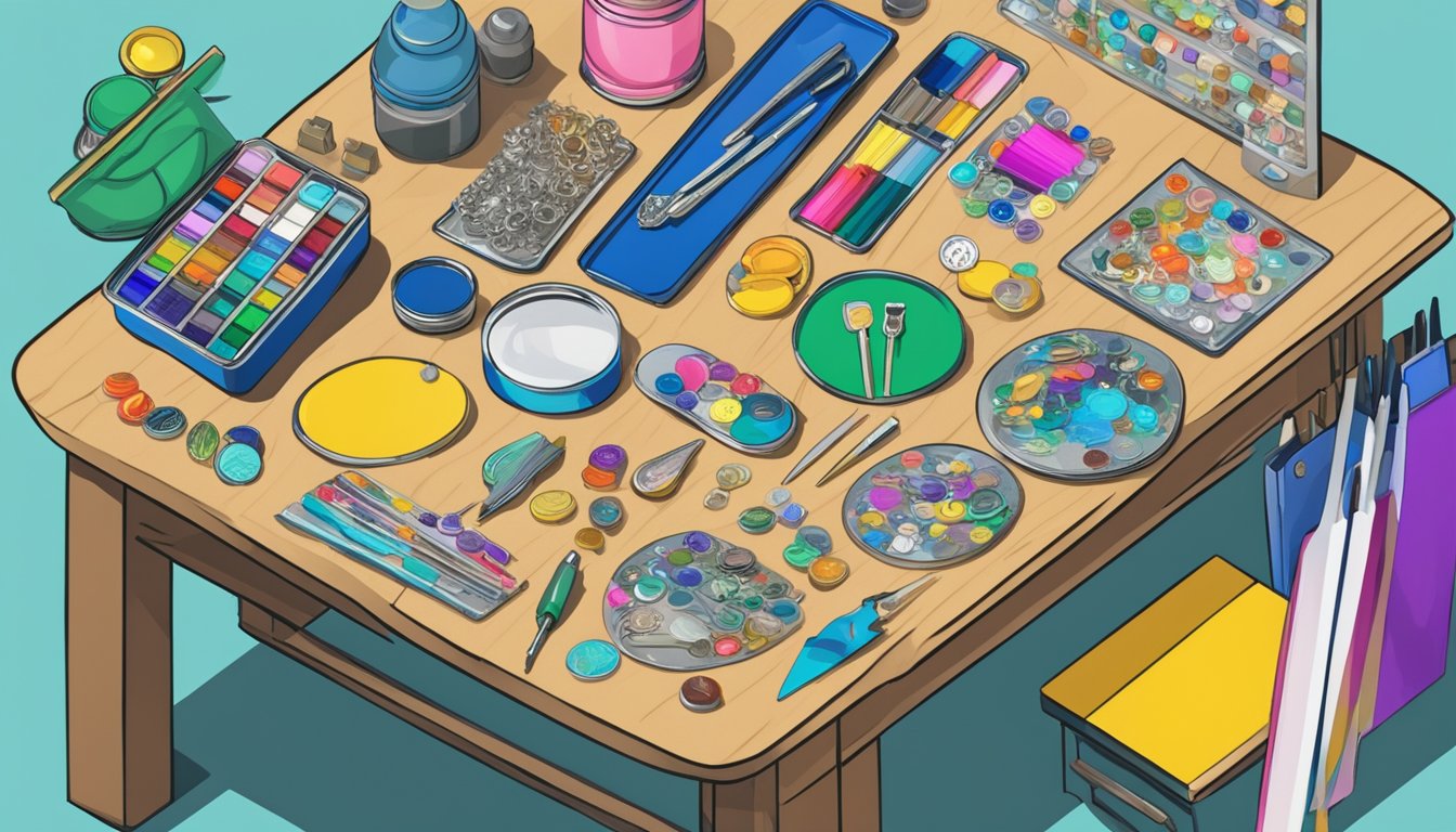 A table filled with colorful enamel, metal, and custom lapel pin designs. Tools and materials scattered around. A sign displaying "Where to buy lapel pins in Singapore."