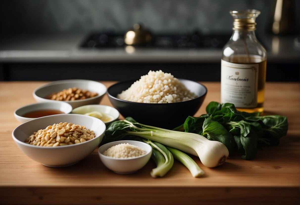 A kitchen counter with a variety of fresh Chinese ingredients, including ginger, garlic, soy sauce, and bok choy, next to a cookbook open to a recipe page