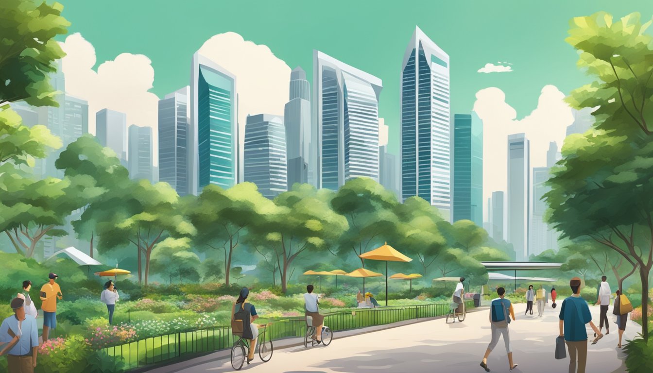 A bustling cityscape with modern skyscrapers and lush green parks, showcasing the diverse property options in Singapore