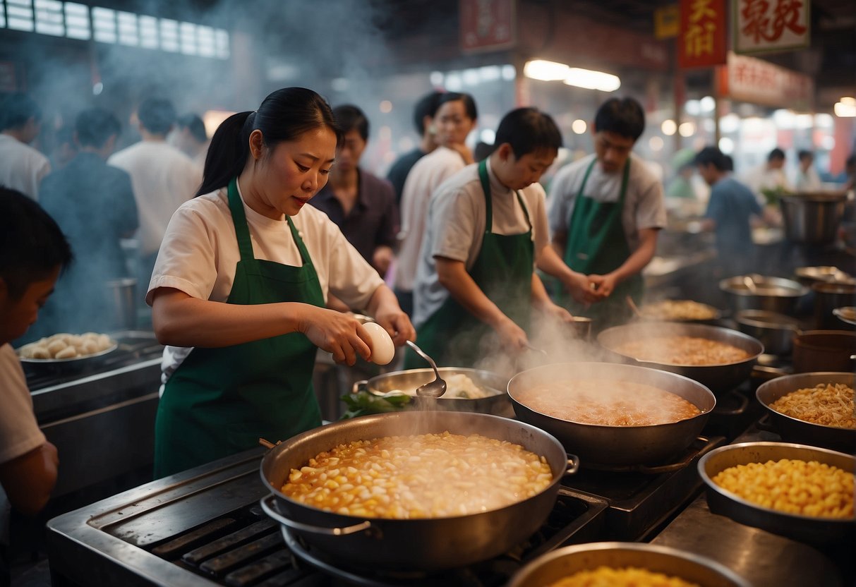 A bustling Chinese marketplace with vendors cooking and serving egg foo yung to eager customers. The aroma of sizzling eggs and savory ingredients fills the air