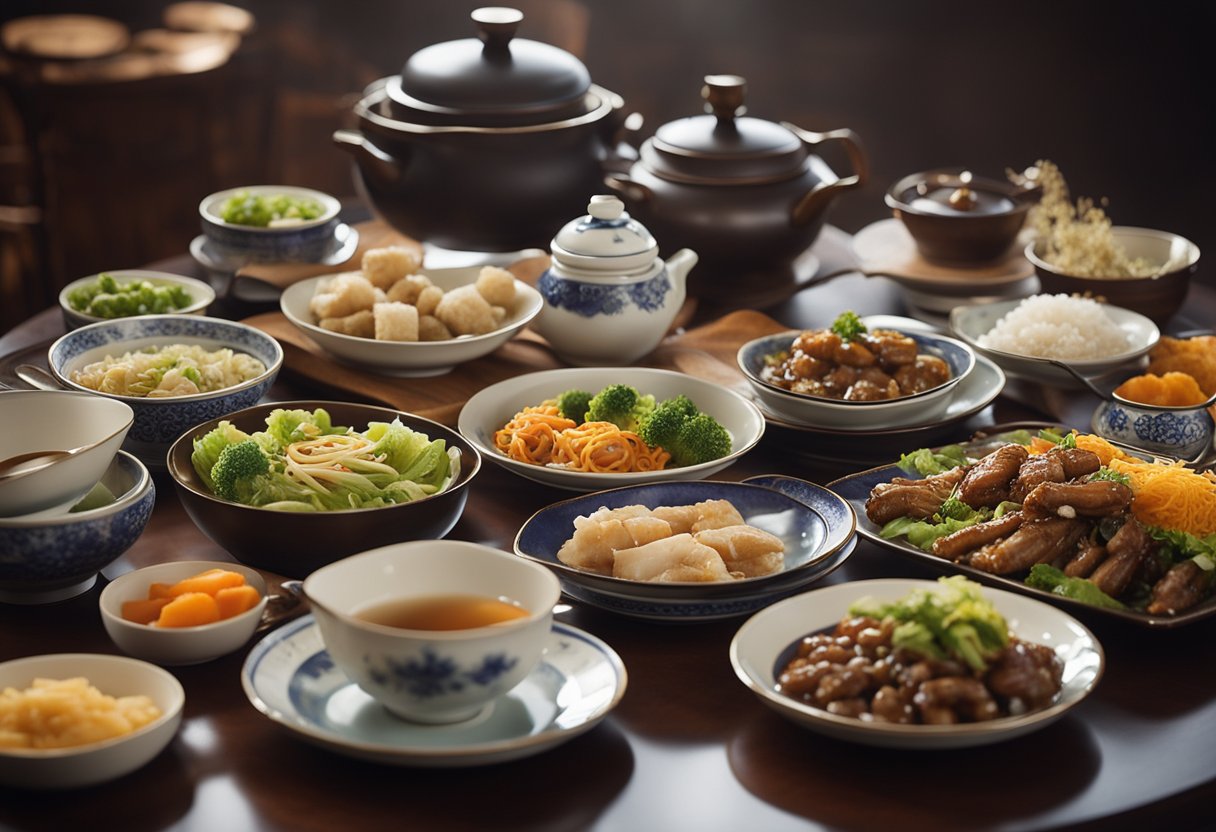 A table set with elegant Chinese dinnerware, surrounded by colorful dishes and steaming pots of specialty recipes for a memorable evening