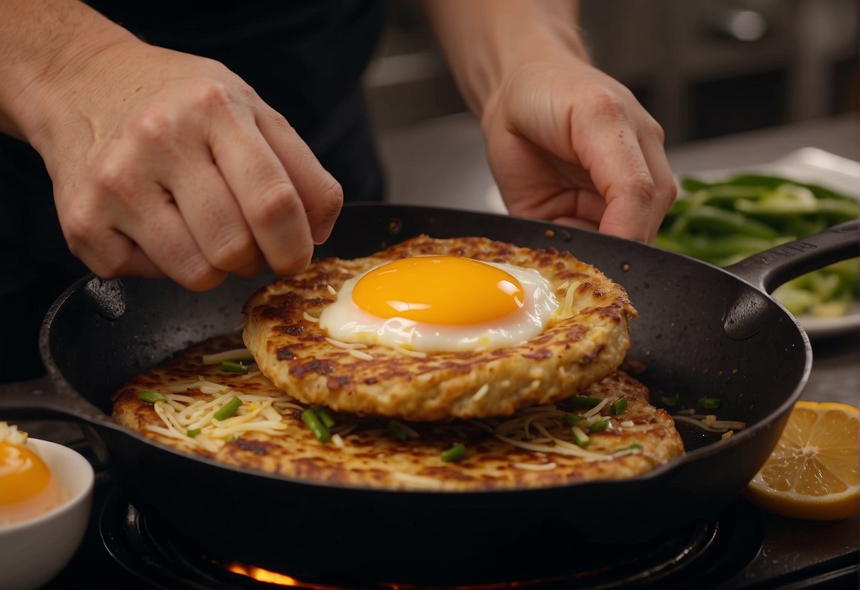A skillet sizzles as a chef expertly folds eggs, bean sprouts, and other ingredients into a fluffy egg foo yung patty. Oil pops as the patty is flipped, creating a golden brown crust