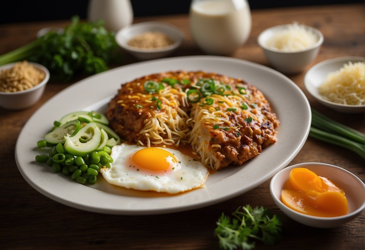 A table displays a plate of egg foo yung surrounded by ingredients like eggs, bean sprouts, and green onions. A nutritional label lists calories, fat, and other details