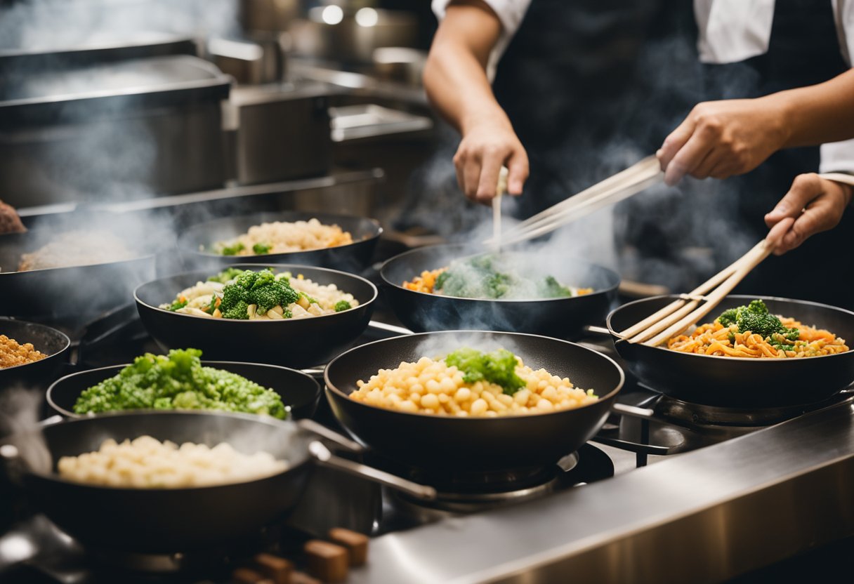 Sizzling woks, steaming bamboo steamers, and colorful ingredients being skillfully chopped and blended together in a bustling kitchen