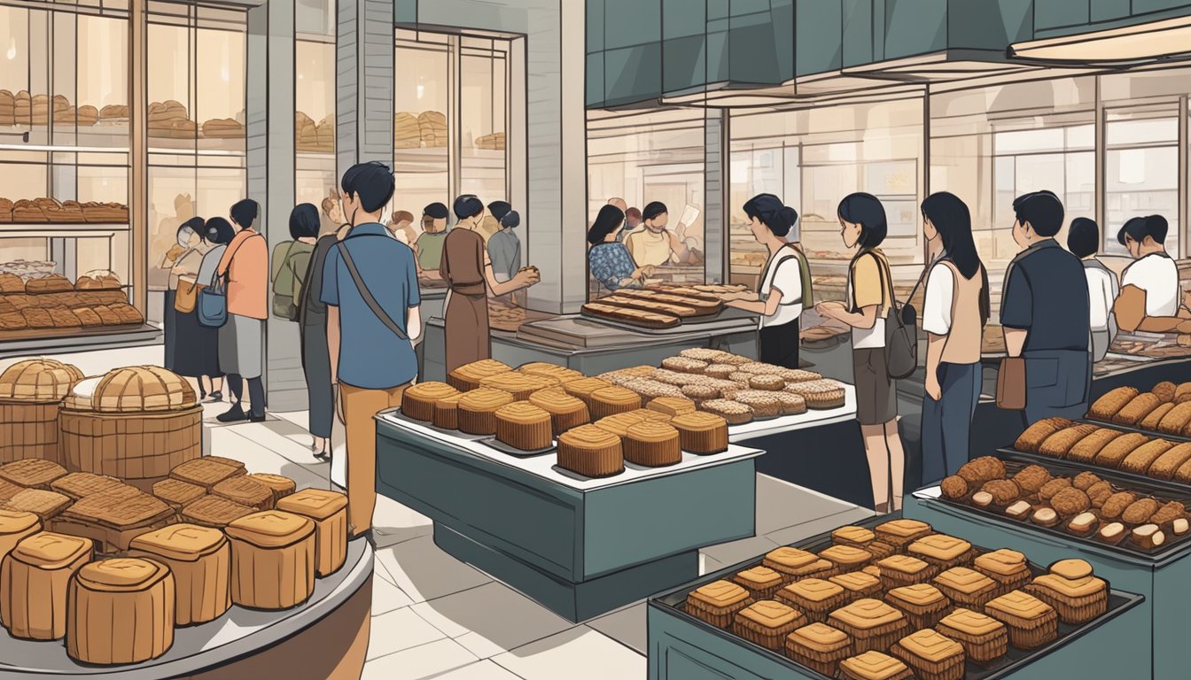 A bustling bakery in Singapore showcases rows of freshly baked canelés on display, with customers eagerly lining up to purchase the popular French pastry