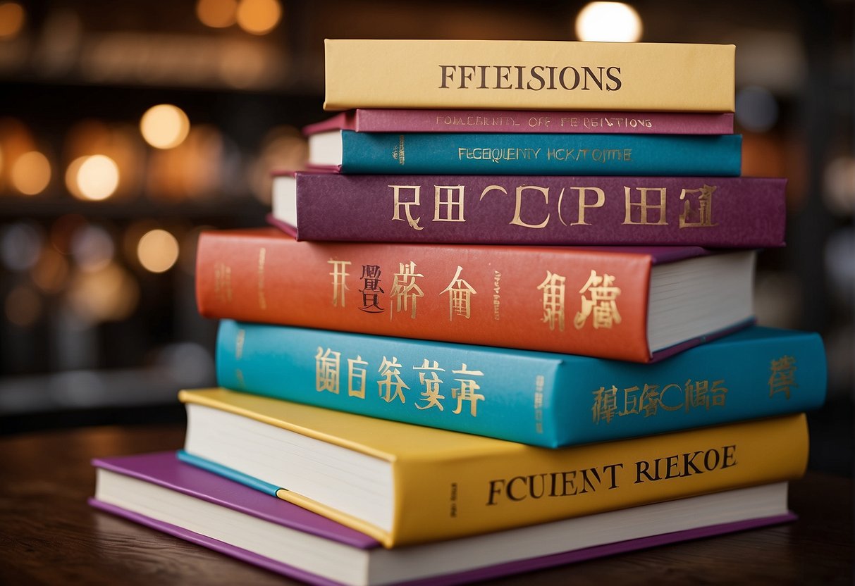 A stack of colorful recipe books with "Frequently Asked Questions Chinese Recipes" written in bold font on the cover