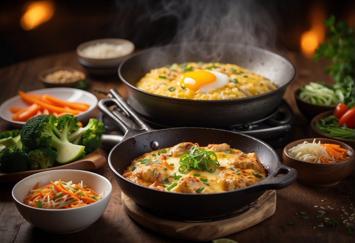 A sizzling hot wok filled with a fluffy egg foo yung omelette, surrounded by colorful and aromatic Chinese ingredients
