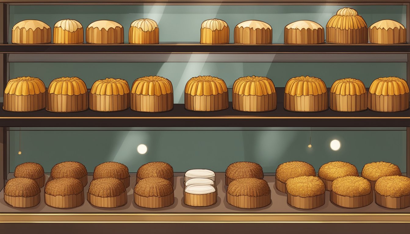 A display of golden-brown canelé lined up in a glass case at a quaint bakery in Singapore, with a sign indicating where to buy them