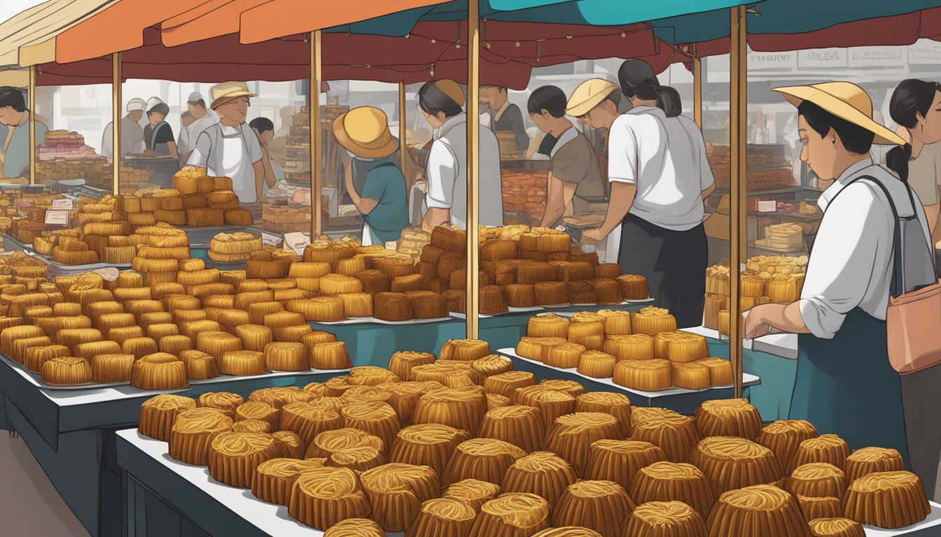 A bustling market stall displays rows of golden-brown canelé, with a sign advertising "The Art of Canelé Shopping" in Singapore