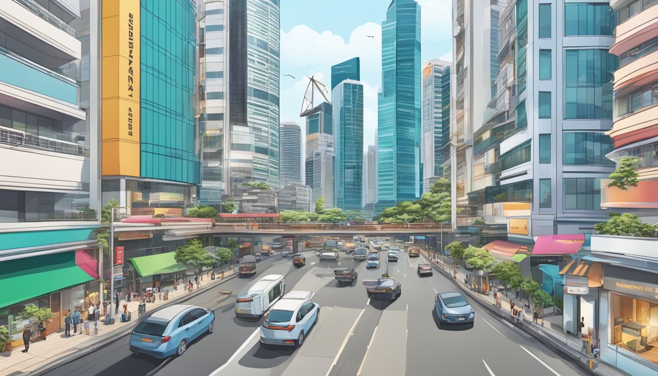 A bustling cityscape with skyscrapers and real estate signs in Singapore