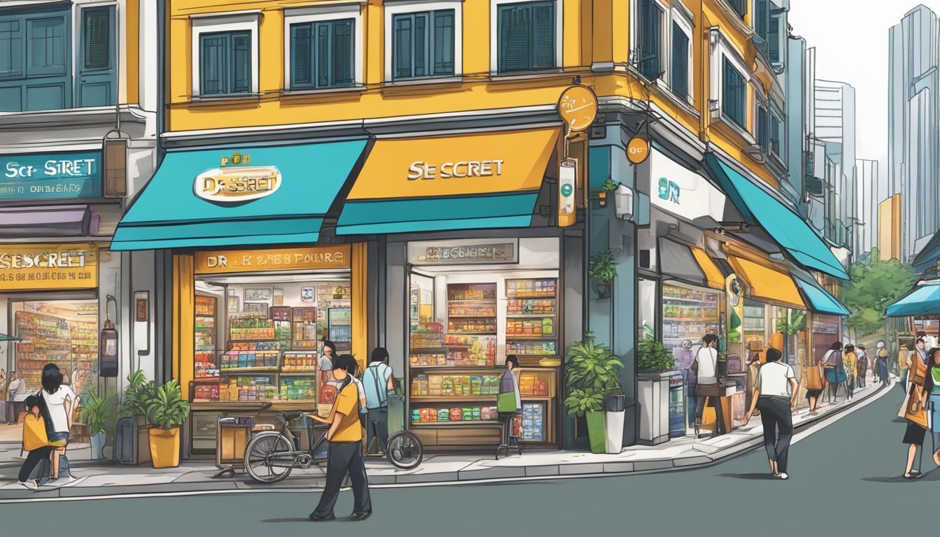 A bustling street in Singapore, with a vibrant storefront displaying "Dr Secret" products. The sign is bold and eye-catching, drawing in potential customers