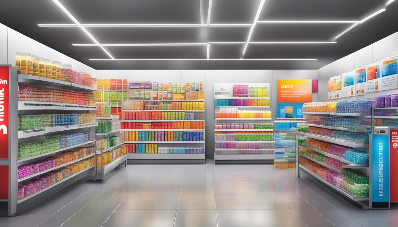 A colorful display of 3M products in a well-lit store in Singapore, with prominent signage indicating availability for purchase