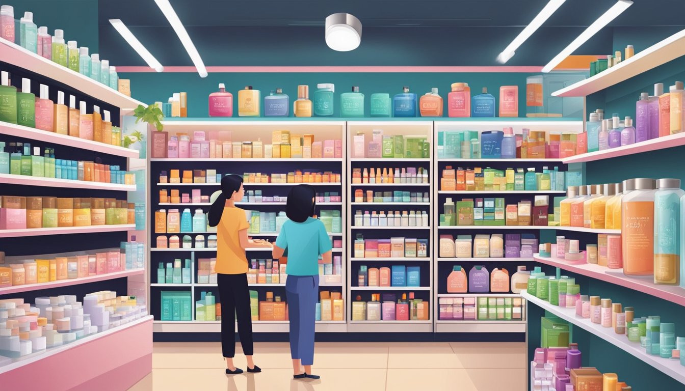 A bustling Singaporean marketplace showcases Dr's Secret products on vibrant display shelves. Customers eagerly explore the array of skincare items, while friendly sales associates offer assistance