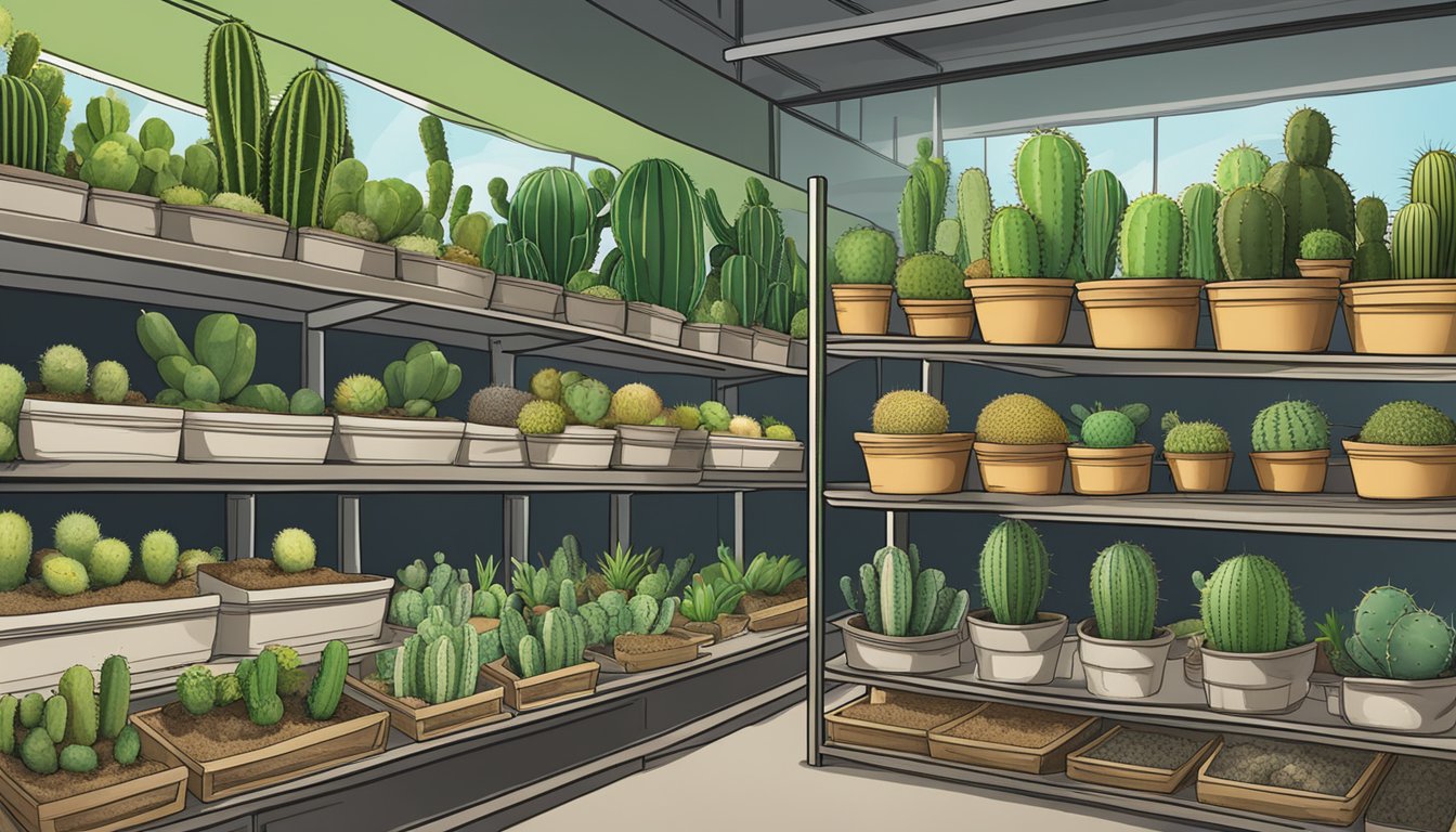 A garden center shelf displays bags of cactus soil in Singapore