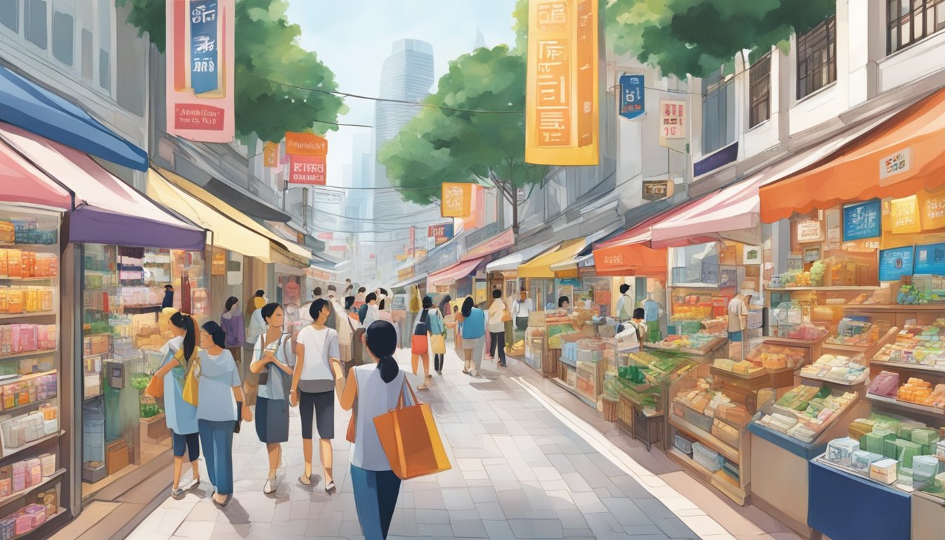 A bustling Singapore street lined with shops and signs advertising 3M products. Shoppers browse through product-specific shopping guides, pointing and examining various items