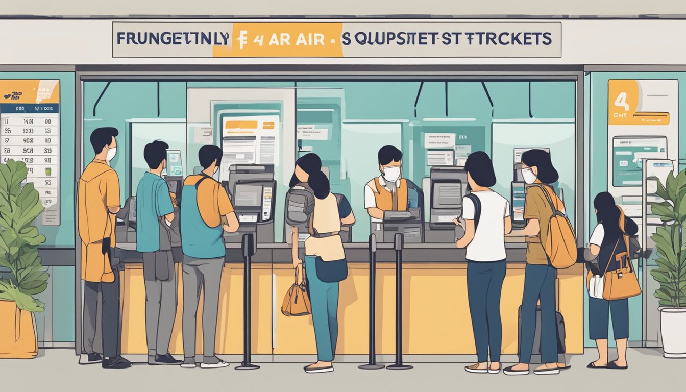 People lining up at a ticket counter in Singapore, with a sign reading "Frequently Asked Questions: Where to buy air tickets" displayed prominently