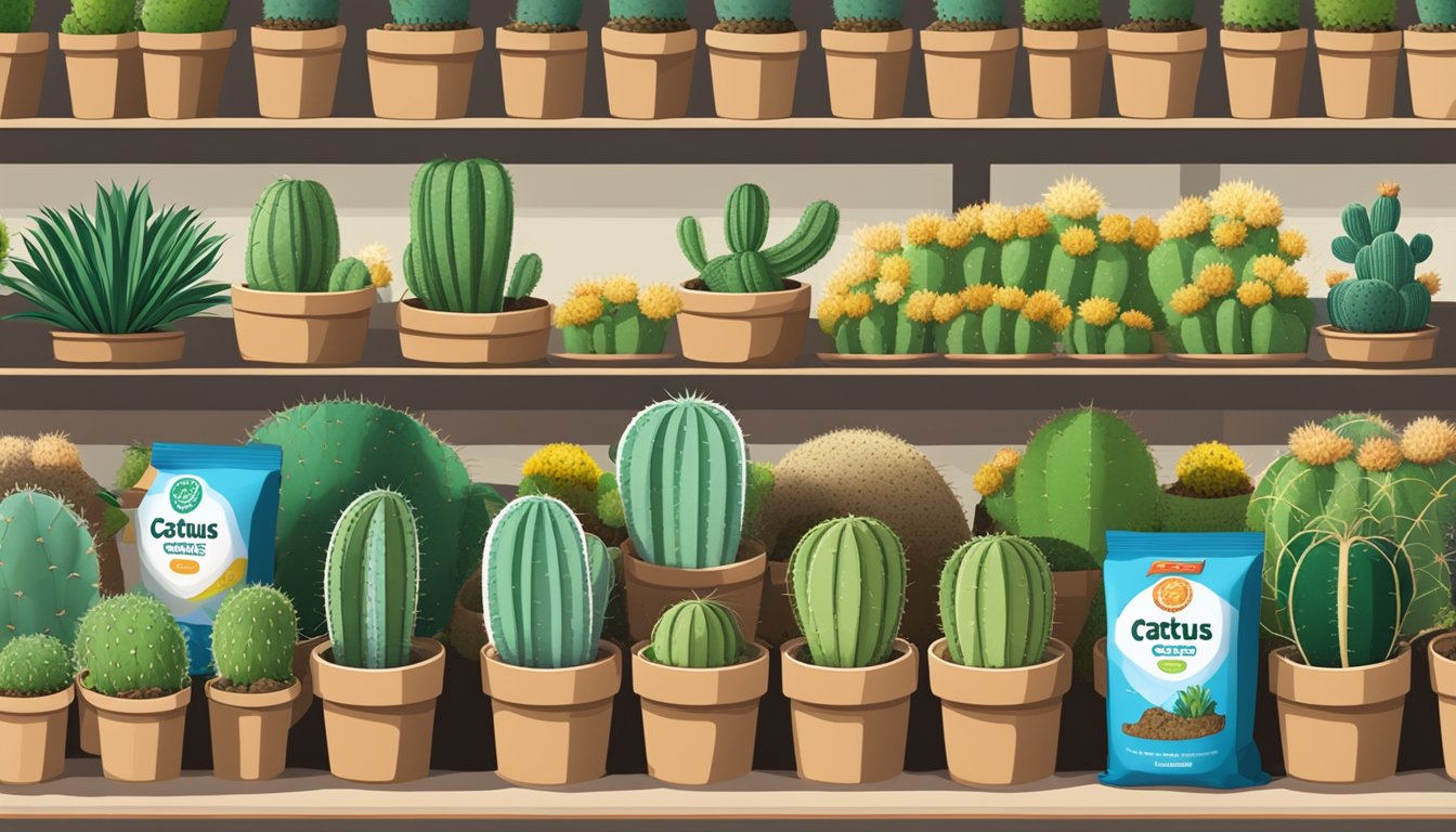 A shelf stocked with various brands of cactus soil bags, displayed in a well-lit garden center in Singapore