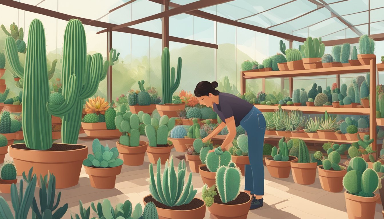 A person examining bags of cactus soil in a garden center, surrounded by various types of cacti and succulents