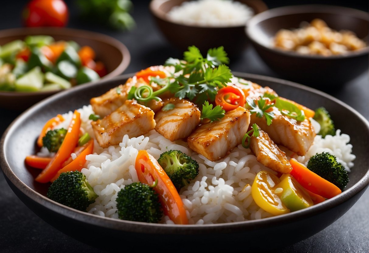A wok sizzles with fish fillet in a fragrant ginger and garlic sauce, surrounded by vibrant vegetables and steaming rice