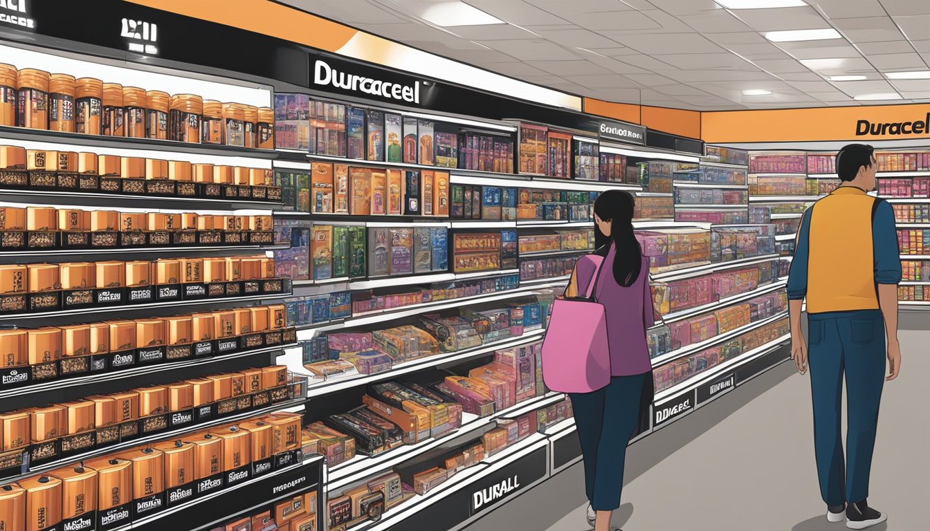A brightly lit store shelf displays various Duracell battery packs. Shoppers browse nearby aisles in a bustling Singapore electronics store