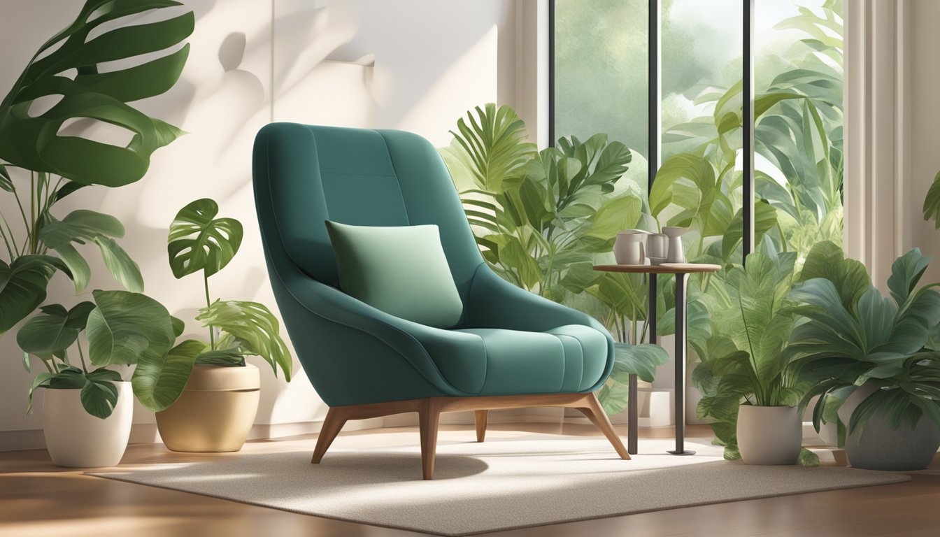 A cozy chair sits in a sunlit showroom, surrounded by lush green plants and modern decor. The soft curves and sleek lines of the chair invite you to sink in and relax