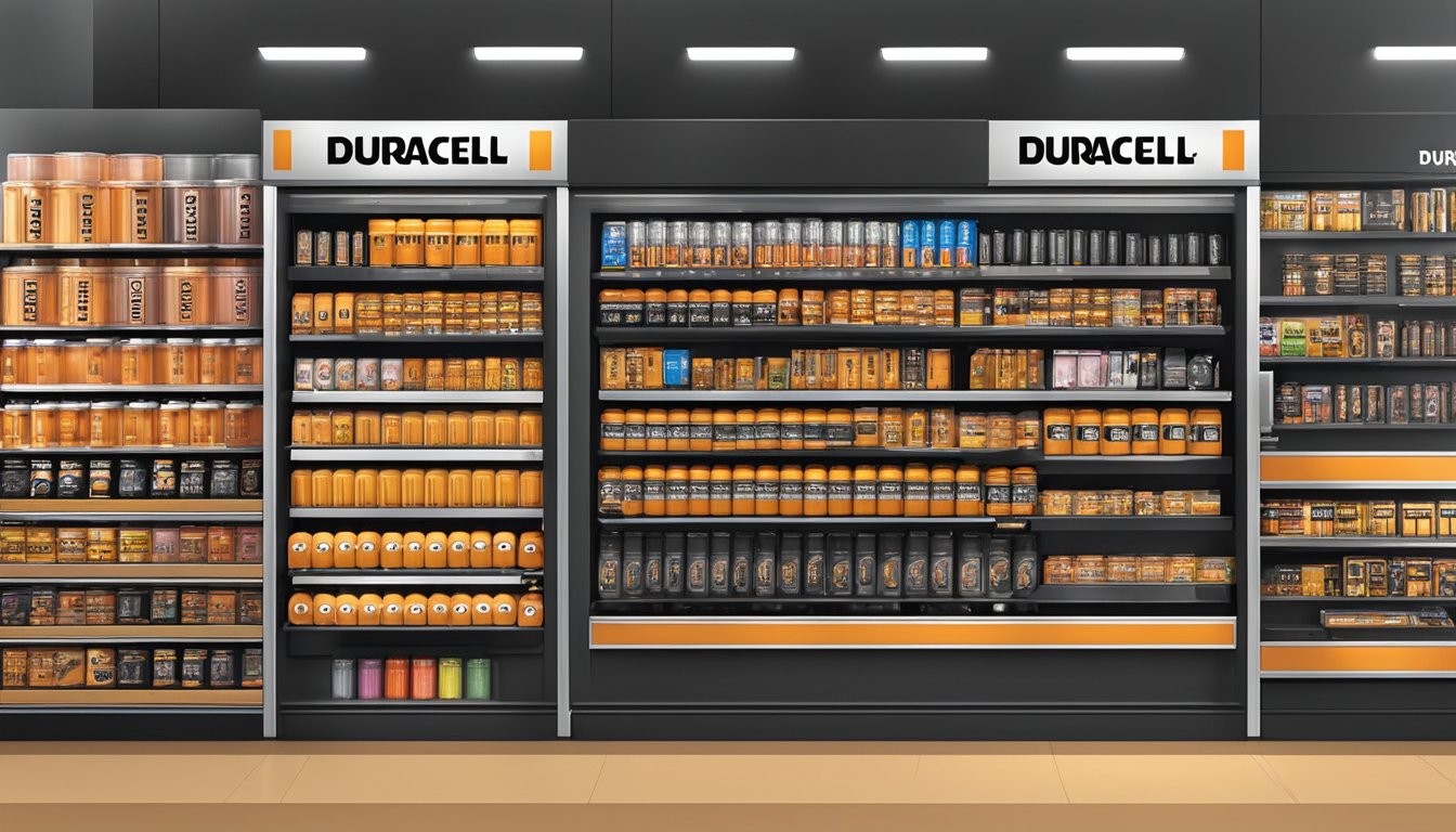 A shelf displaying various types of Duracell batteries at an electronics store in Singapore